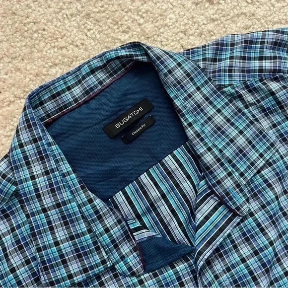 Bugatchi Classic Fit Men Button Up Shirt Long Sleeves Blue Plaid Collared Sz 3XL - Picture 7 of 11